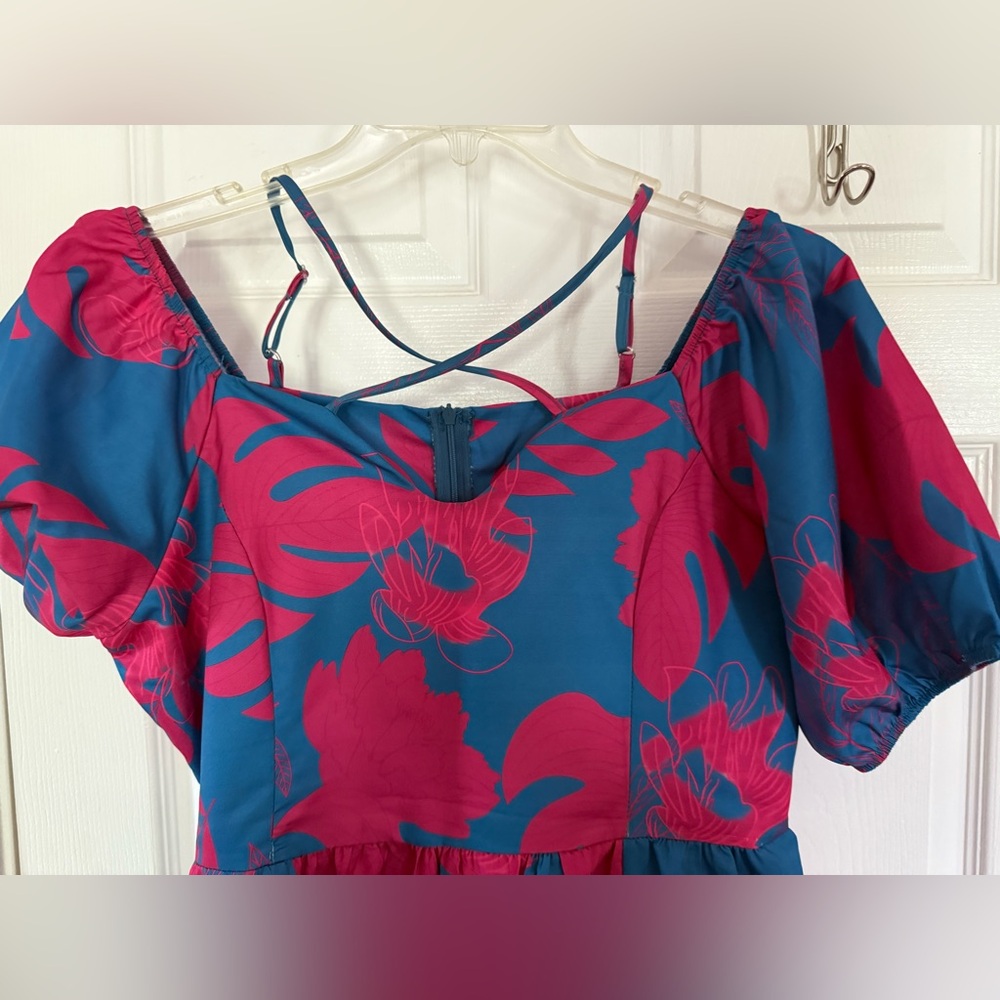 African Print Pink/Blue Crisscross front Off The Shoulder Puff Sleeve Dress, XL
